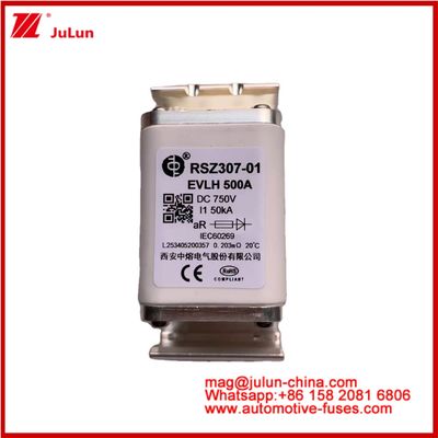 RSZ307-01 EVLH 500A 750VDC FUSIÓN 50KA Cuadrado Cargadores cerámicos para automóviles Dispositivos y equipos de vehículos eléctricos Tamaño pequeño Baja fusión I2t Valor de alta capacidad de ruptura Energía