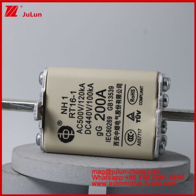 NH1 RT16-1 200A AC500V 120KA DC 440V 100KA Automóvil Cerámica Auto Fuses Cuchilla montada Para vehículos EV / HEV Pequeño tamaño Protección de cortocircuito de corriente nominal alta