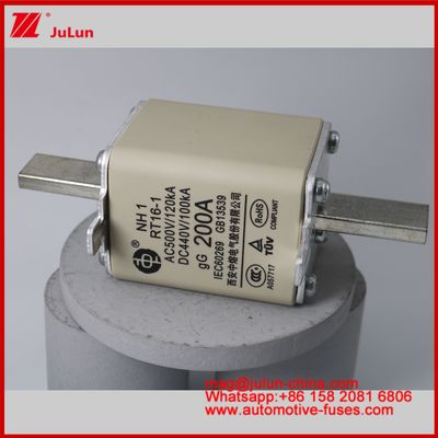 NH1 RT16-1 200A AC500V 120KA DC 440V 100KA Automóvil Cerámica Auto Fuses Cuchilla montada Para vehículos EV / HEV Pequeño tamaño Protección de cortocircuito de corriente nominal alta