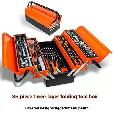 Caja de herramientas de hierro conjunto de combinación de 85 piezas máquina de reparación de tres capas de manga plegable para herramientas