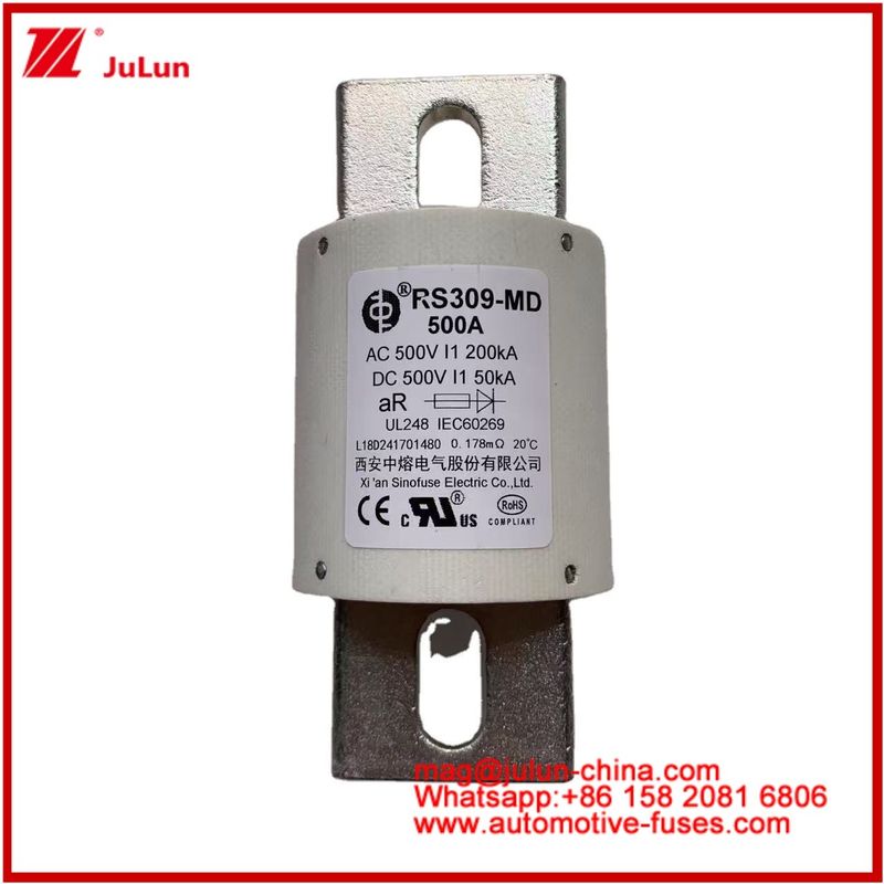 500VDC 200KA 500VAC 50KA AR Tubular cerámico de fusible rápido RS309-MD 500A para vehículos eléctricos y sistemas de baterías de potencia